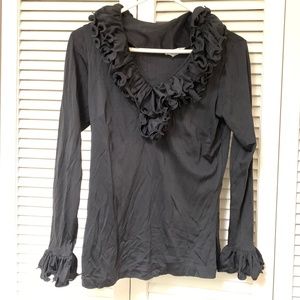 Vintage 1970s V-Neck Long Sleeve Nylon Blouse Sculptured Ruffle Mardi Modes NY